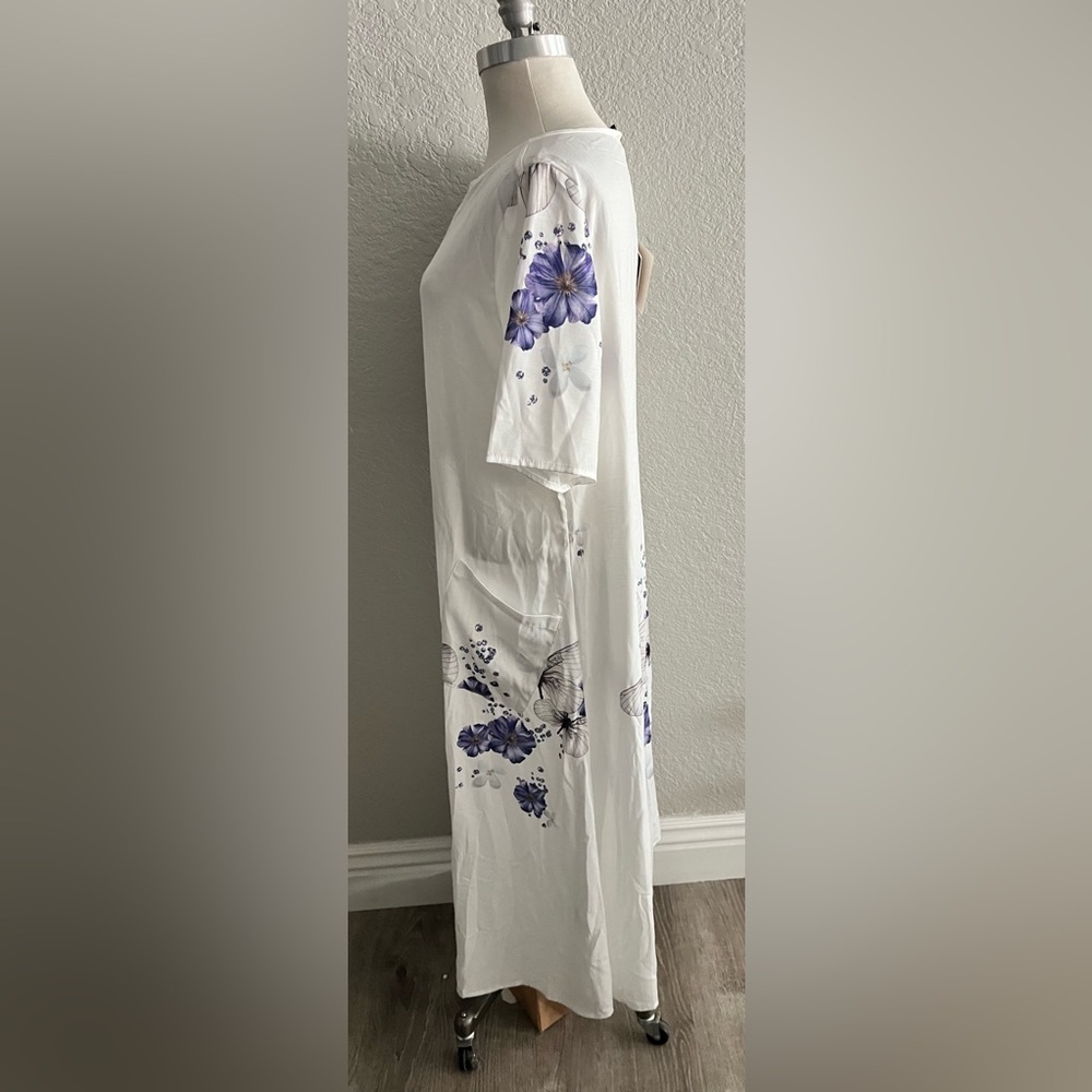 C.O.Z.Y white w purple flowers long house coat dress / nightgown loungewear XL - Picture 3 of 5